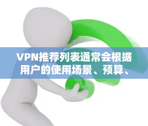 VPN推荐列表通常会根据用户的使用场景、预算、隐私保护要求、网络速度和安全性等因素来推荐。以下是一些常见的VPN推荐，涵盖了移动平台、非移动平台、价格和安全性等方面