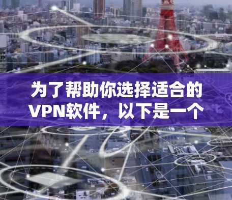 为了帮助你选择适合的VPN软件，以下是一个结构化的指南