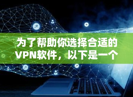 为了帮助你选择合适的VPN软件，以下是一个综合考虑的因素和推荐列表